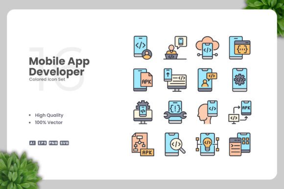 Mobile App Developer Colored Icons Graphics