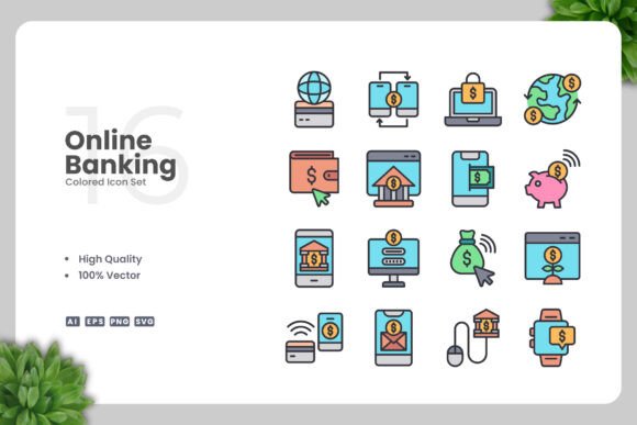Online Banking Colored Icons: Graphics and Icons for Modern Design