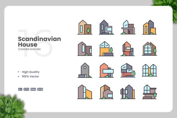 Scandinavian House Colored Icons: Graphics and Icons for Digital Sellers