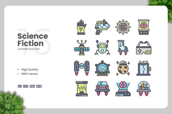 Science Fiction Colored Icons for Graphics and Branding
