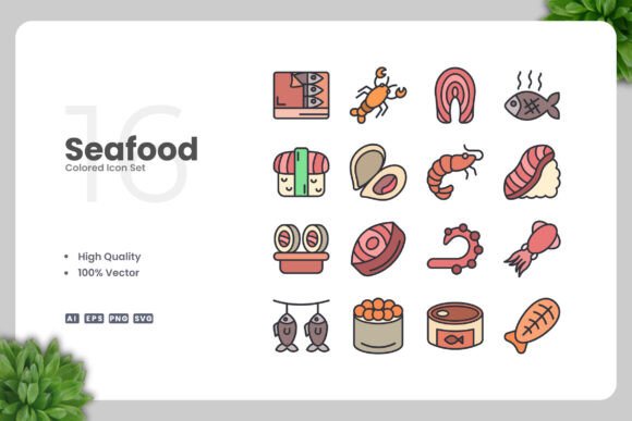 Seafood Colored Icons for Graphics and Branding